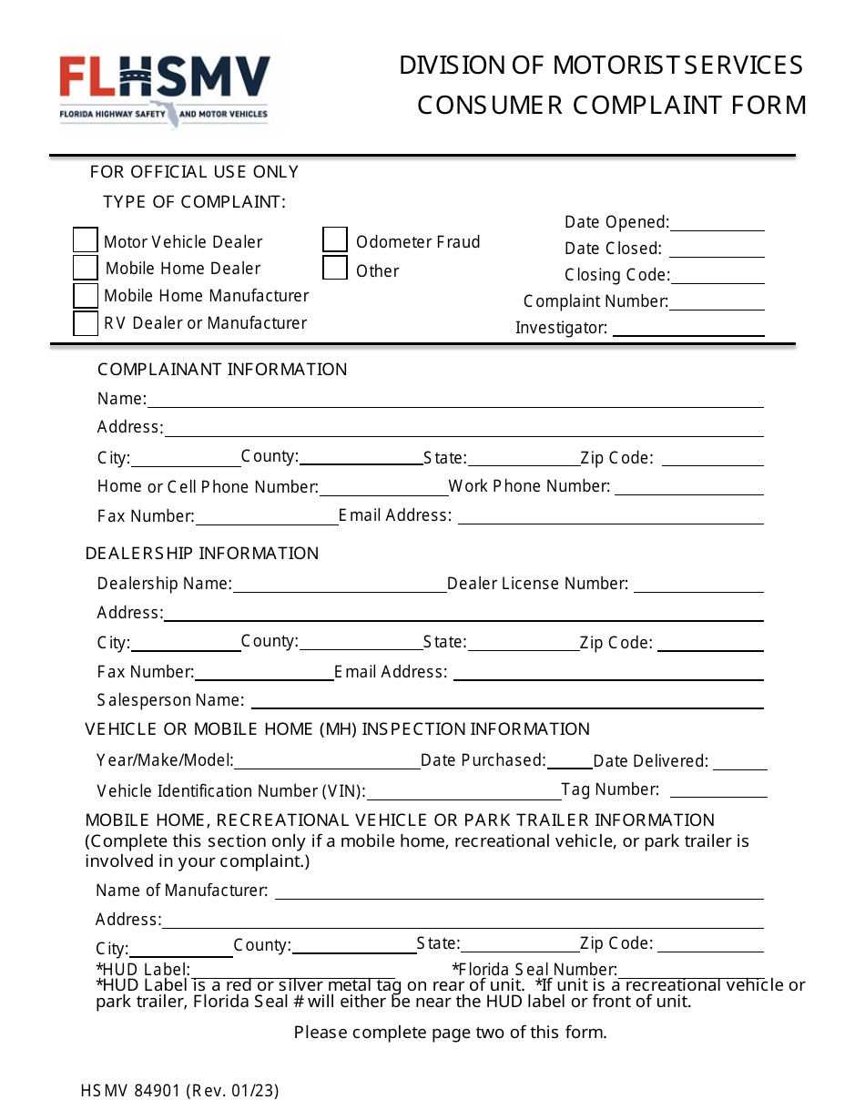 Form HSMV84901 Consumer Complaint Form - Florida, Page 1
