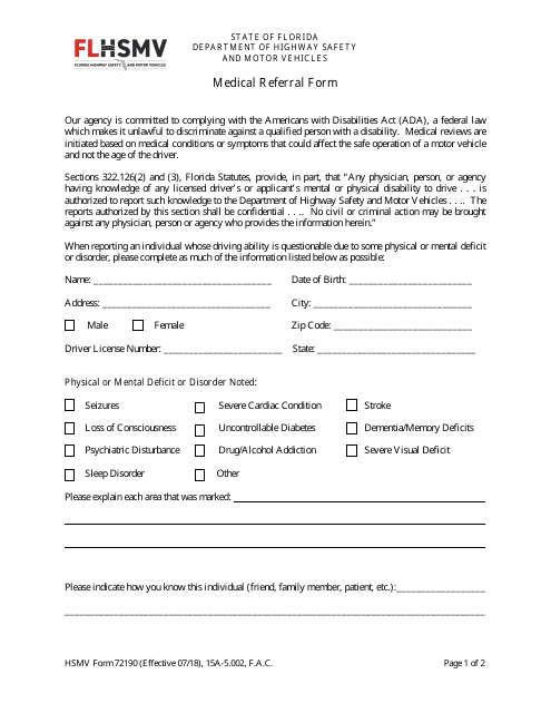HSMV Form 72190 Medical Referral Form - Florida