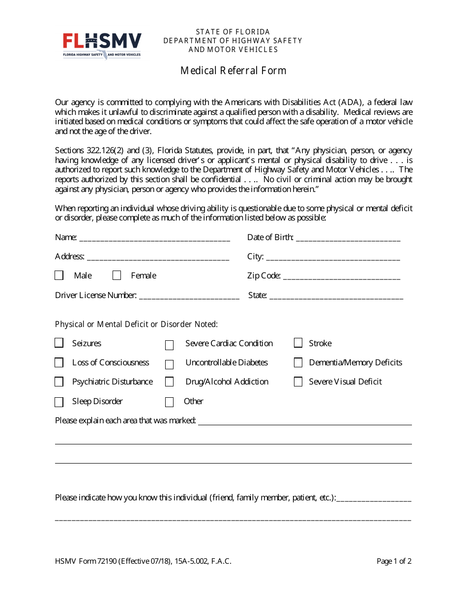 HSMV Form 72190 Medical Referral Form - Florida, Page 1