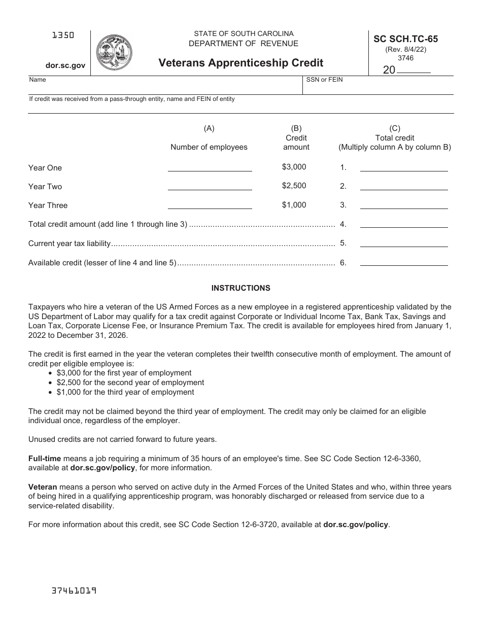 Form SC SCH.TC-65 Veterans Apprenticeship Credit - South Carolina, Page 1