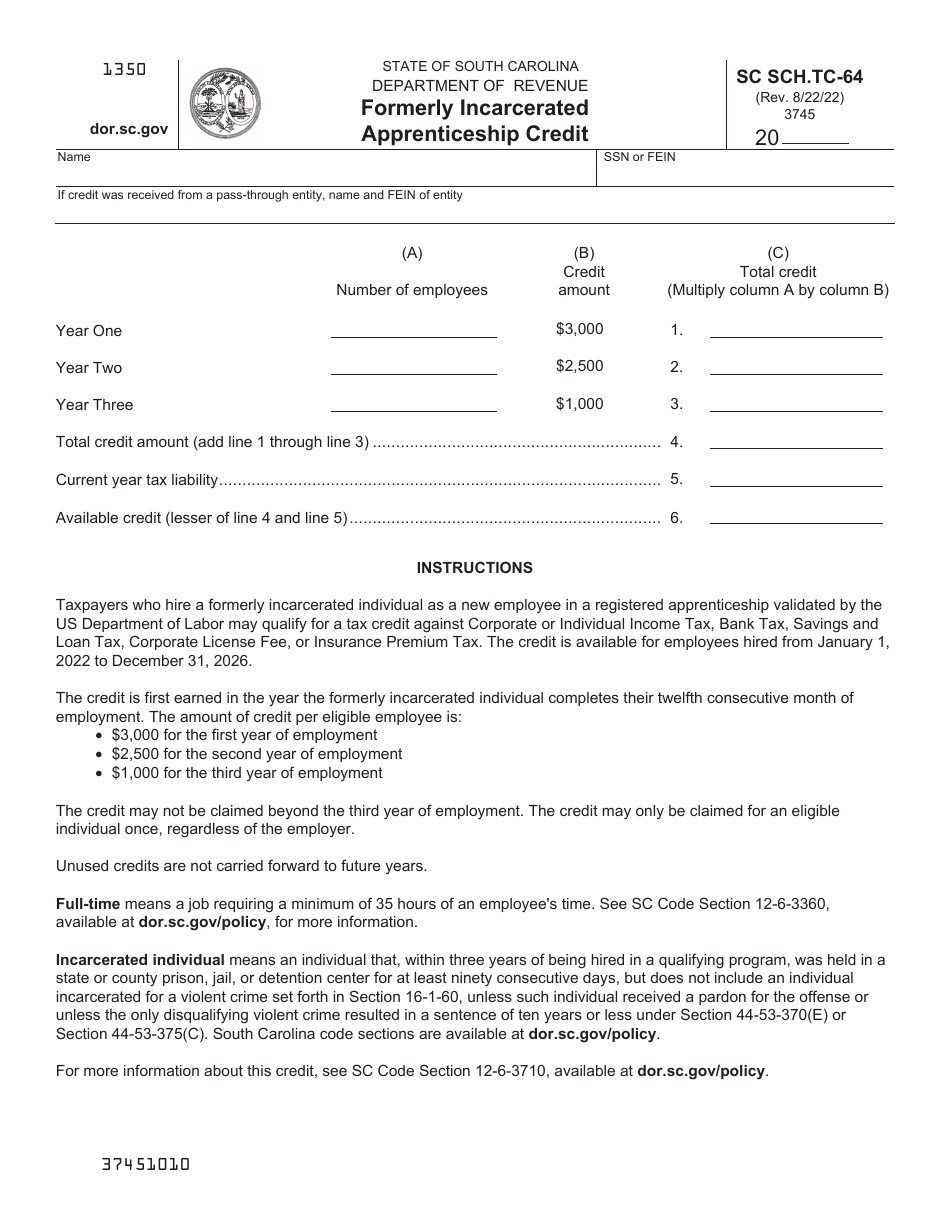 Form SC SCH.TC-64 Formerly Incarcerated Apprenticeship Credit - South Carolina, Page 1