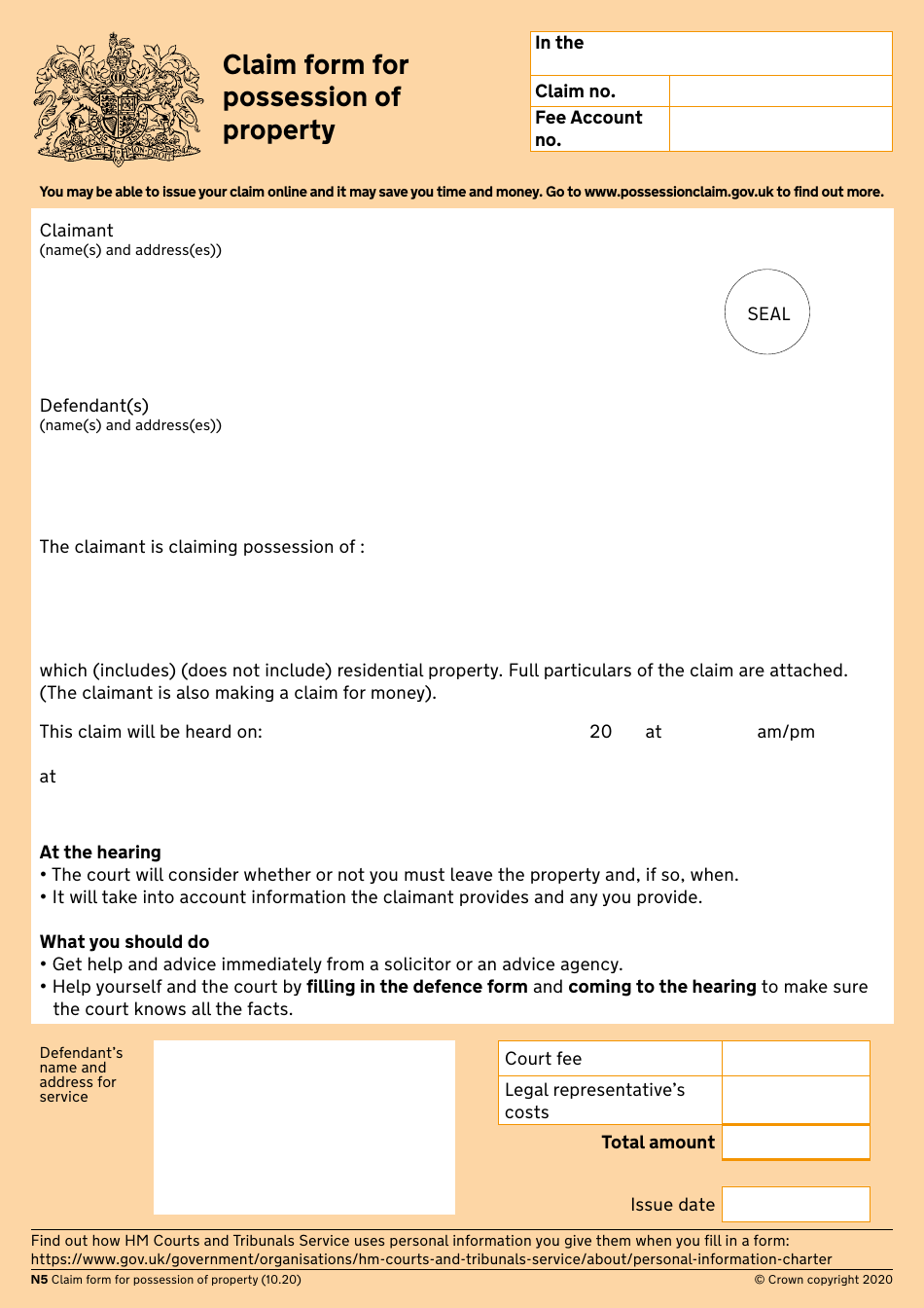 Form N5 Claim Form for Possession of Property - United Kingdom, Page 1