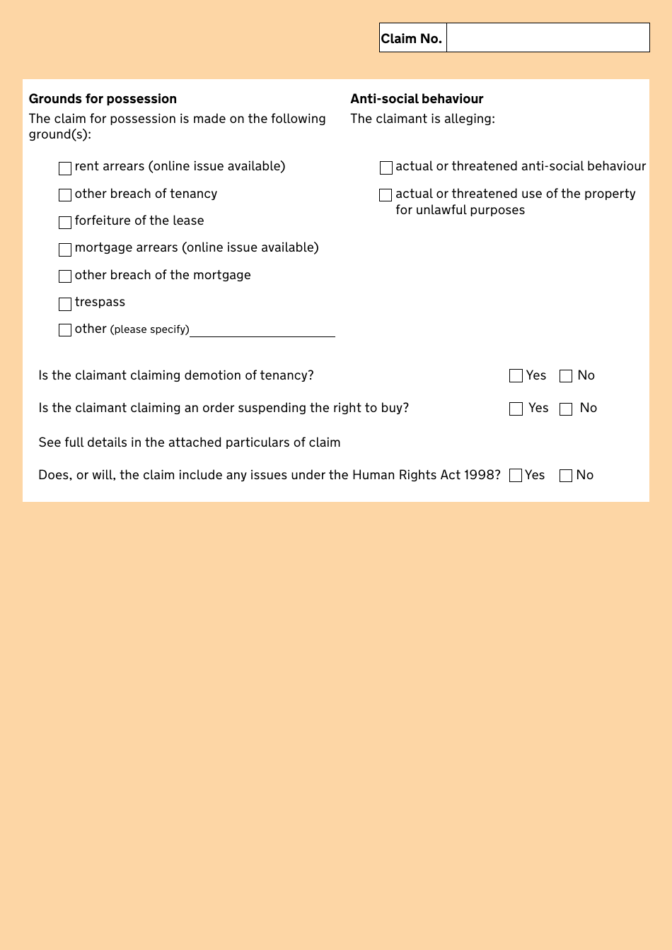 Form N5 Claim Form for Possession of Property - United Kingdom, Page 2