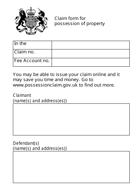 Form N5 Claim Form for Possession of Property (Large Print) - United Kingdom