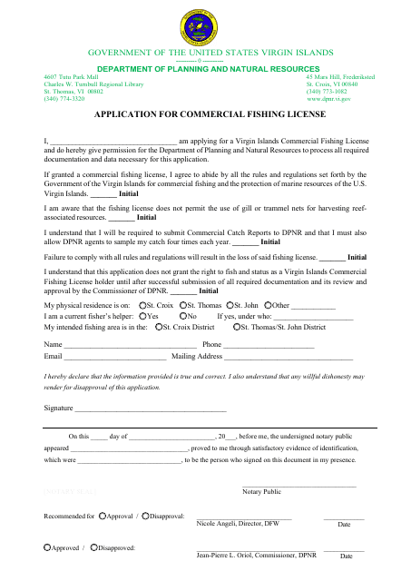 Application for Commercial Fishing License - Virgin Islands