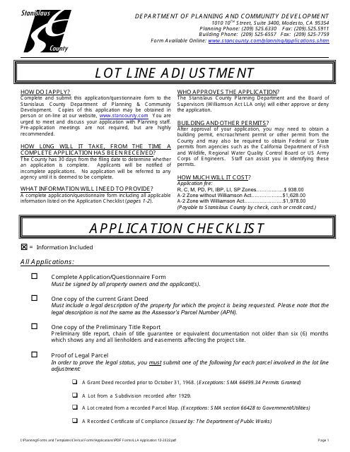 Lot Line Adjustment Application - No Williamson Act - Stanislaus County, California Download Pdf