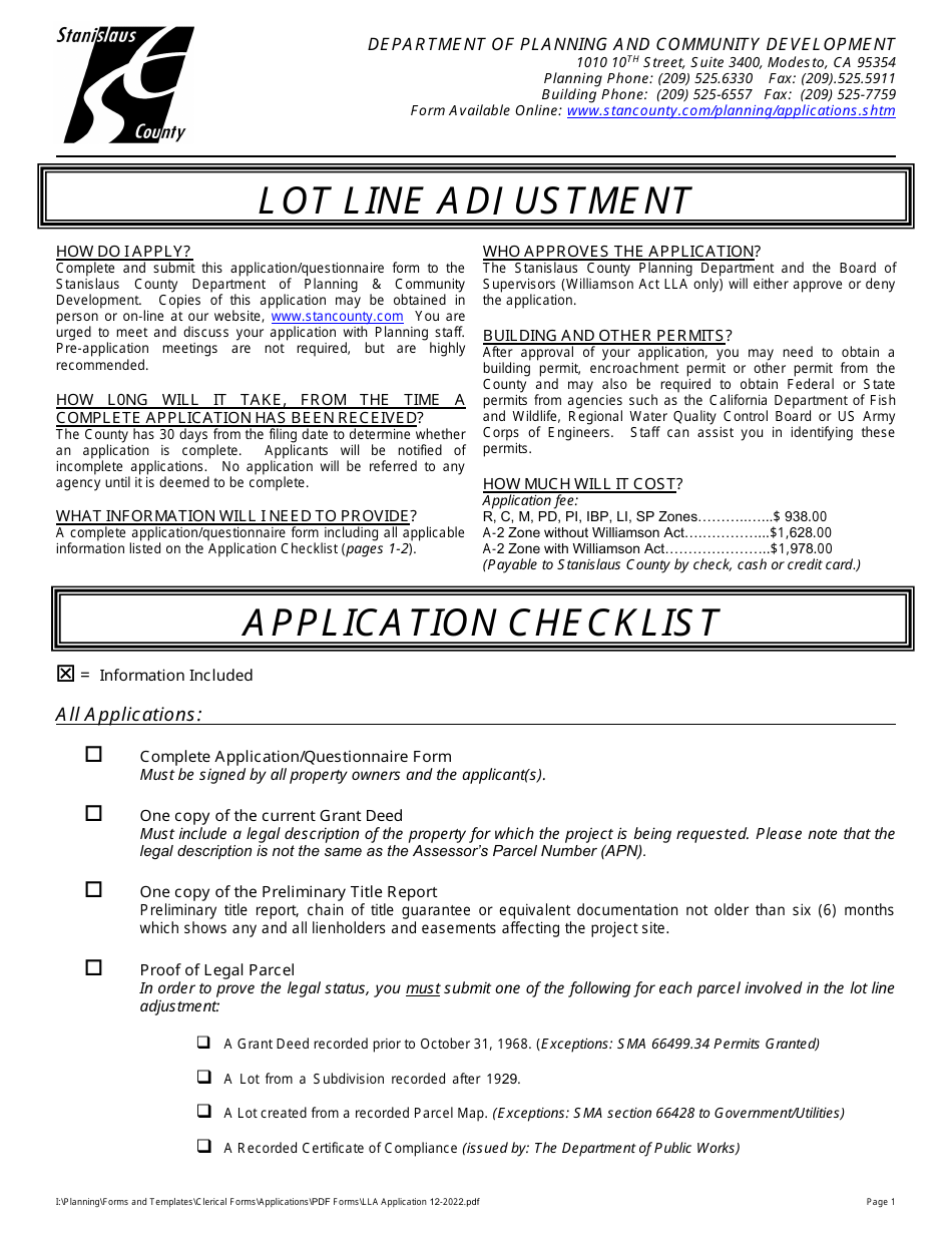 Stanislaus County, California Lot Line Adjustment Application No