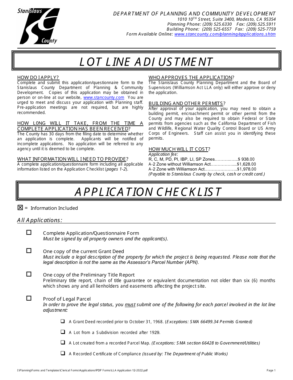 Lot Line Adjustment Application - No Williamson Act - Stanislaus County, California, Page 1