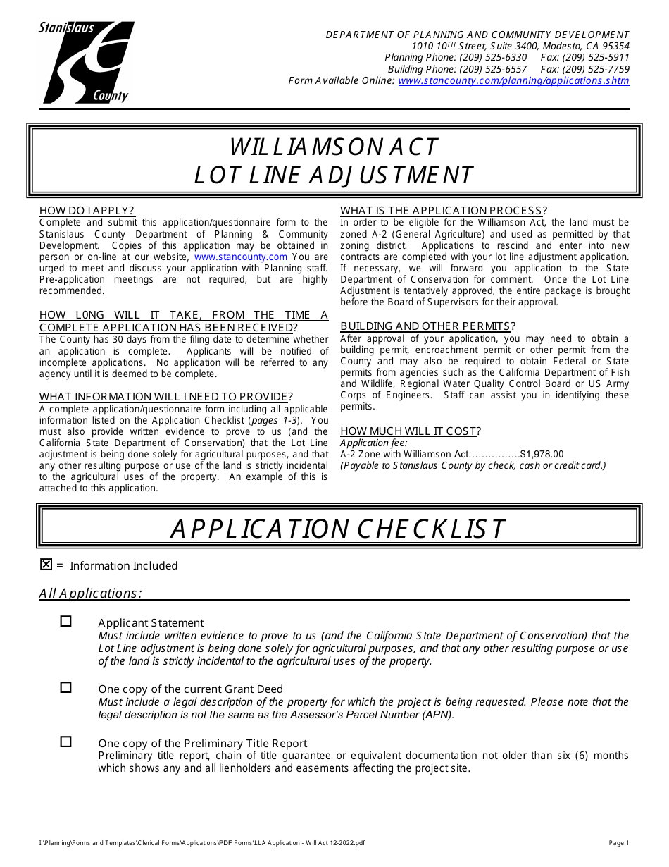Stanislaus County, California Lot Line Adjustment Application With Williamson Act Fill Out