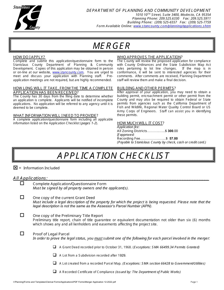 Merger Application - Stanislaus County, California, Page 1