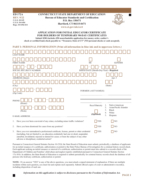 Form ED172A Application for Initial Educator Certificate for Holders of Temporary 90-day Certificates - Connecticut