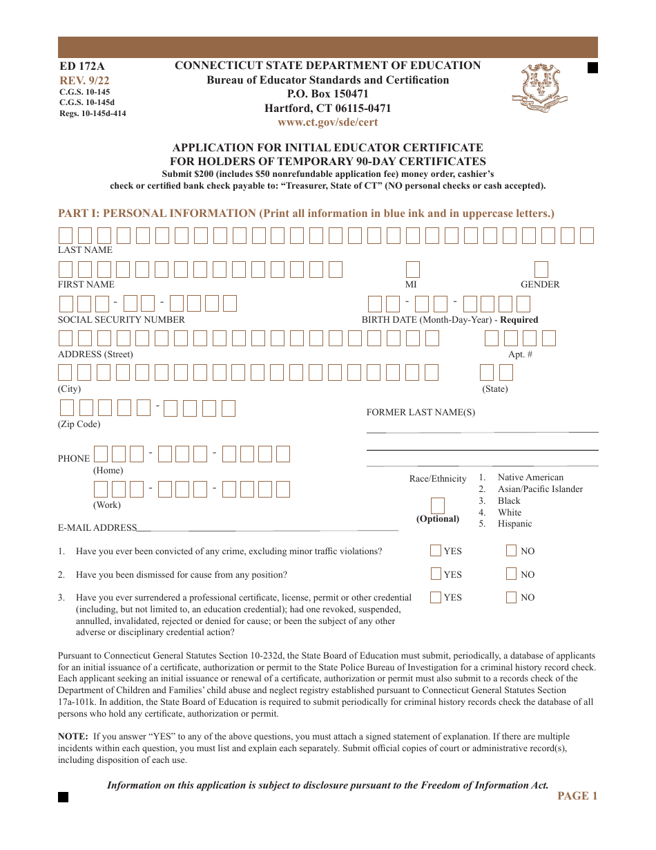 Form ED172A Application for Initial Educator Certificate for Holders of Temporary 90-day Certificates - Connecticut, Page 1