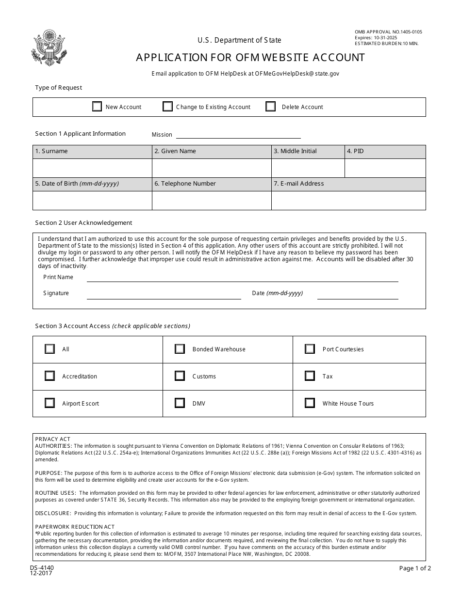 Form DS-4140 Application for Ofm Website Account, Page 1