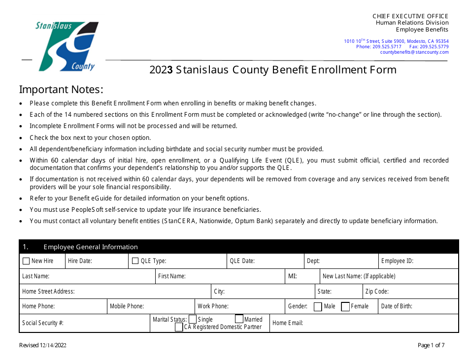 Stanislaus County Benefit Enrollment Form - Stanislaus County, California, Page 1