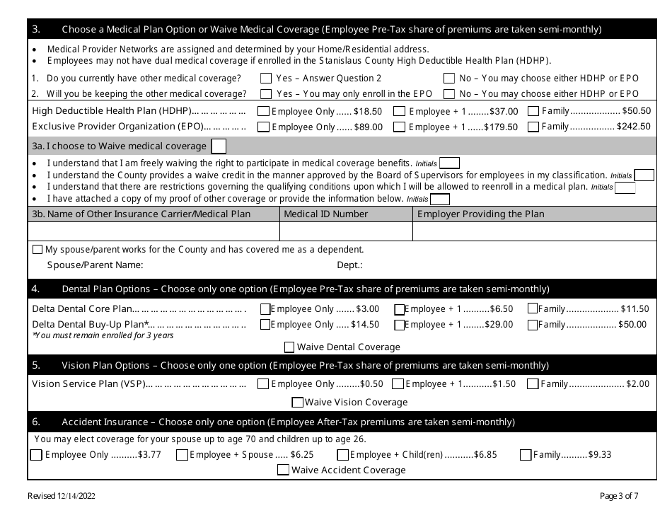 Stanislaus County Benefit Enrollment Form - Stanislaus County, California, Page 3