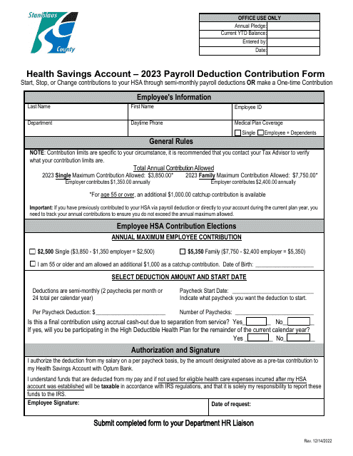 Health Savings Account - Payroll Deduction Contribution Form - Stanislaus County, California, 2023