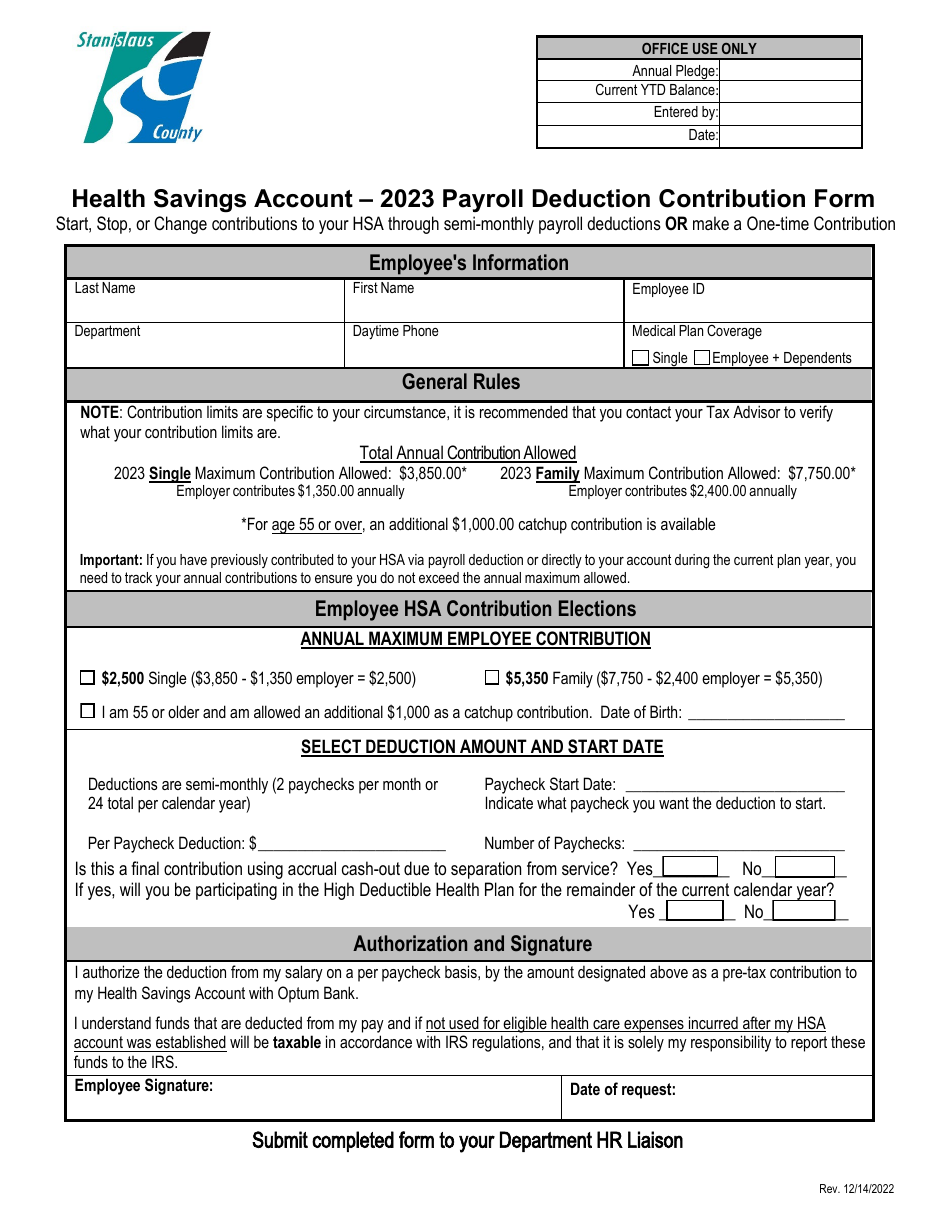 Health Savings Account - Payroll Deduction Contribution Form - Stanislaus County, California, Page 1
