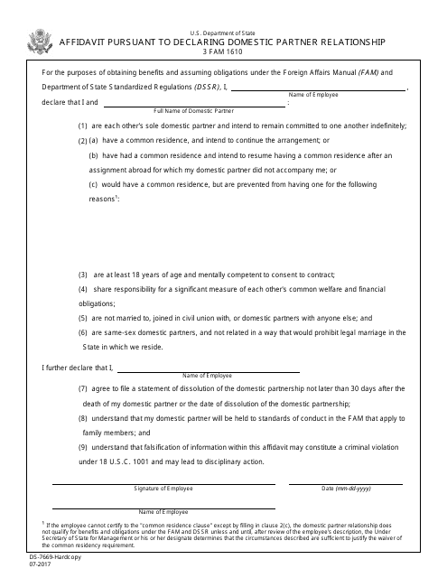 Form DS-7669 Affidavit Pursuant to Declaring Domestic Partner Relationship