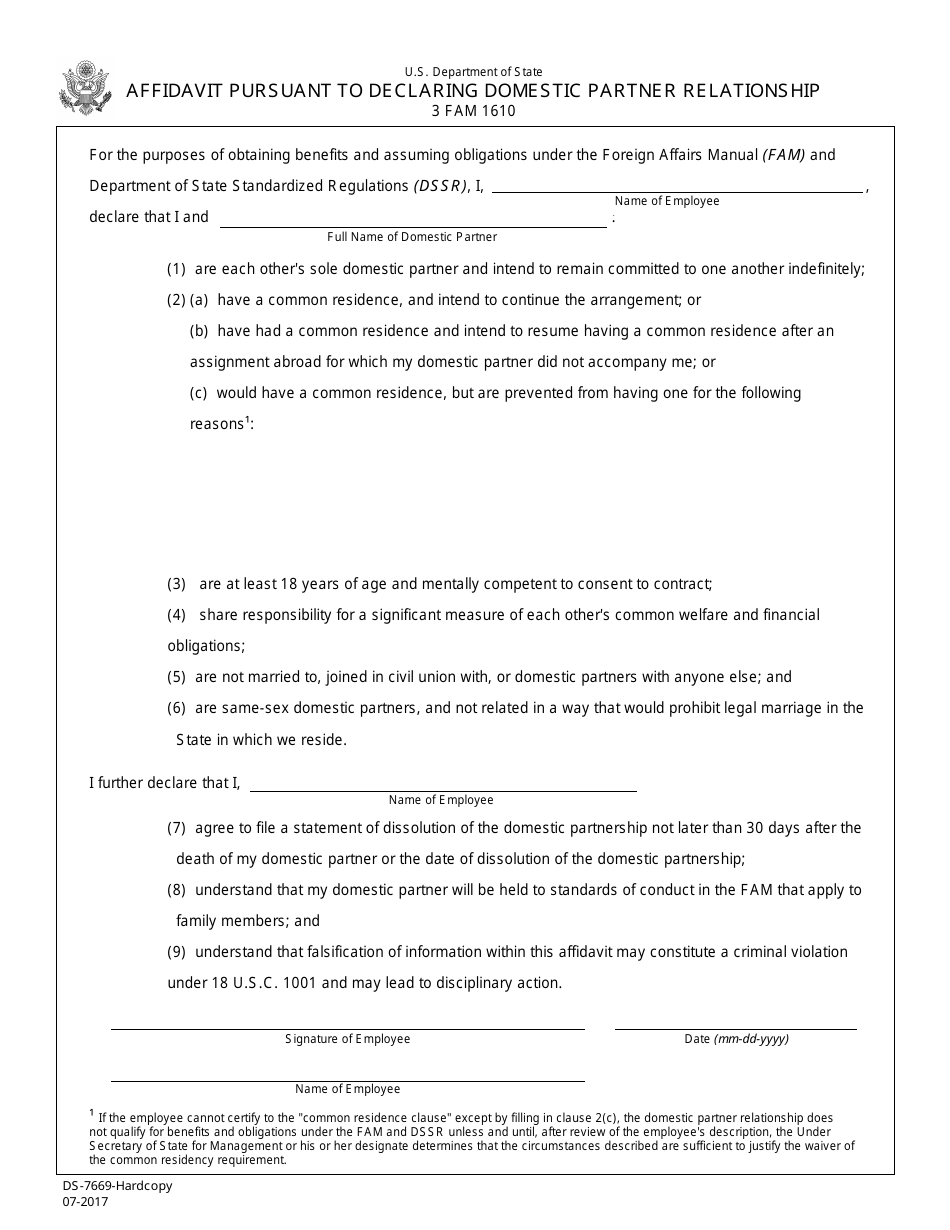 Form DS-7669 - Fill Out, Sign Online and Download Fillable PDF ...