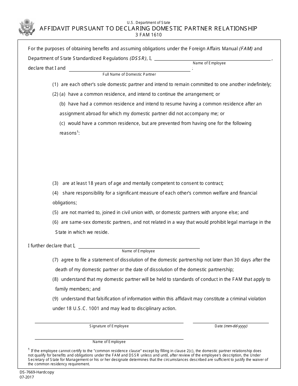Form DS-7669 Affidavit Pursuant to Declaring Domestic Partner Relationship, Page 1