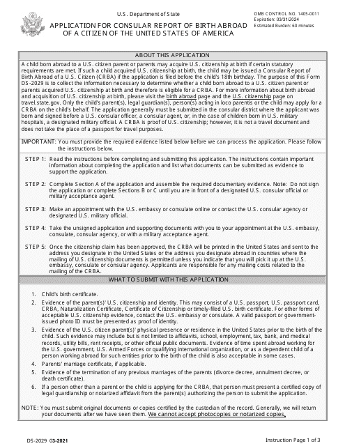 Form DS-2029 Application for Consular Report of Birth Abroad of a Citizen of the United States of America