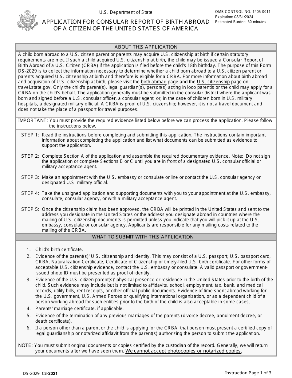 Form DS-2029 Application for Consular Report of Birth Abroad of a Citizen of the United States of America, Page 1