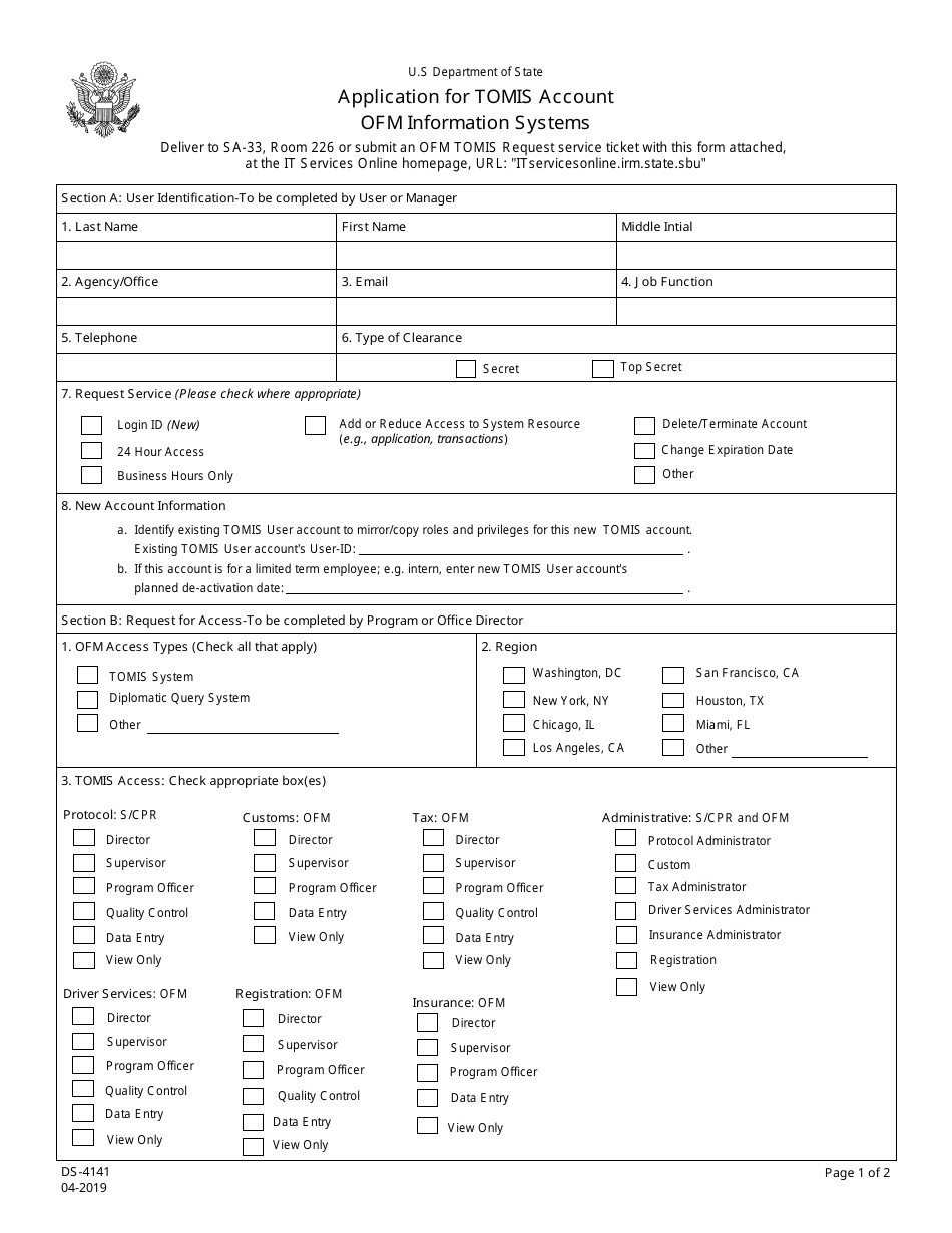 Form DS-4141 Application for Tomis Account - Ofm Information Systems, Page 1