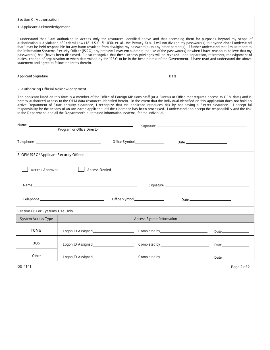 Form DS-4141 Application for Tomis Account - Ofm Information Systems, Page 2