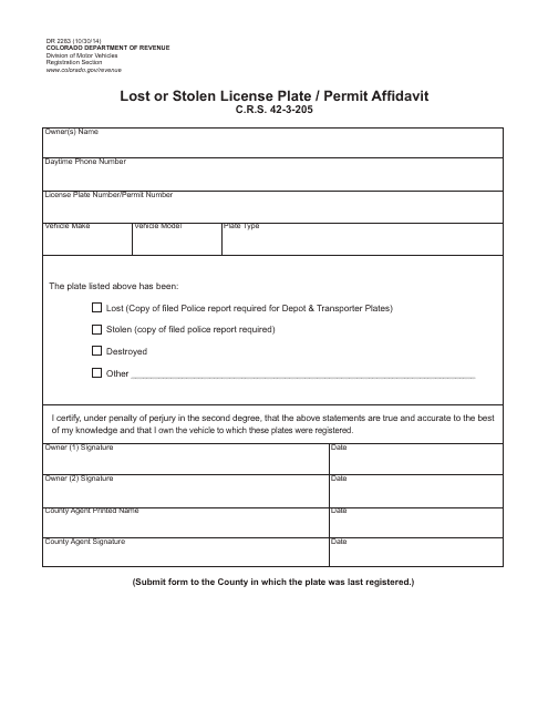 Form DR2283 Lost or Stolen License Plate/Permit Affidavit - Colorado