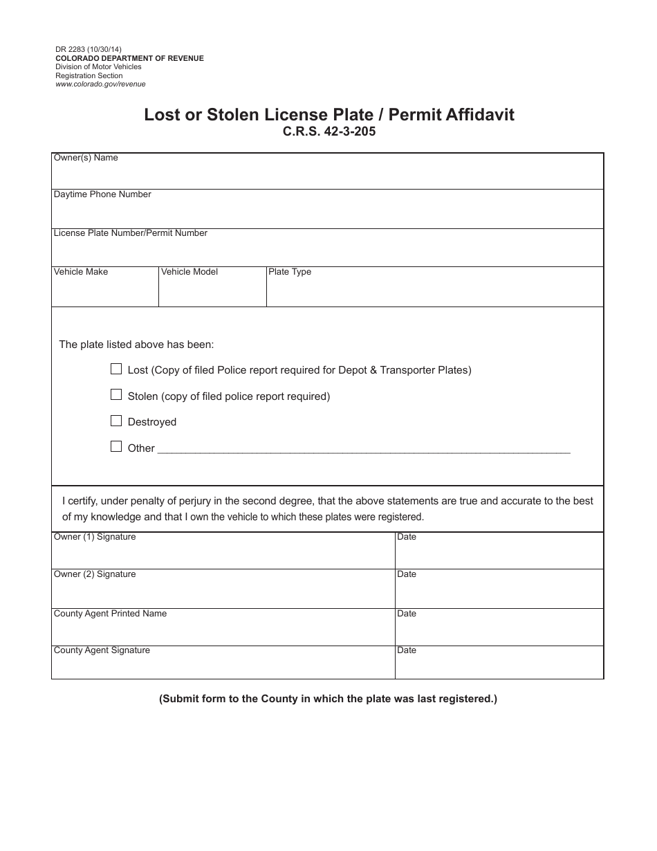 Form DR2283 Lost or Stolen License Plate / Permit Affidavit - Colorado, Page 1