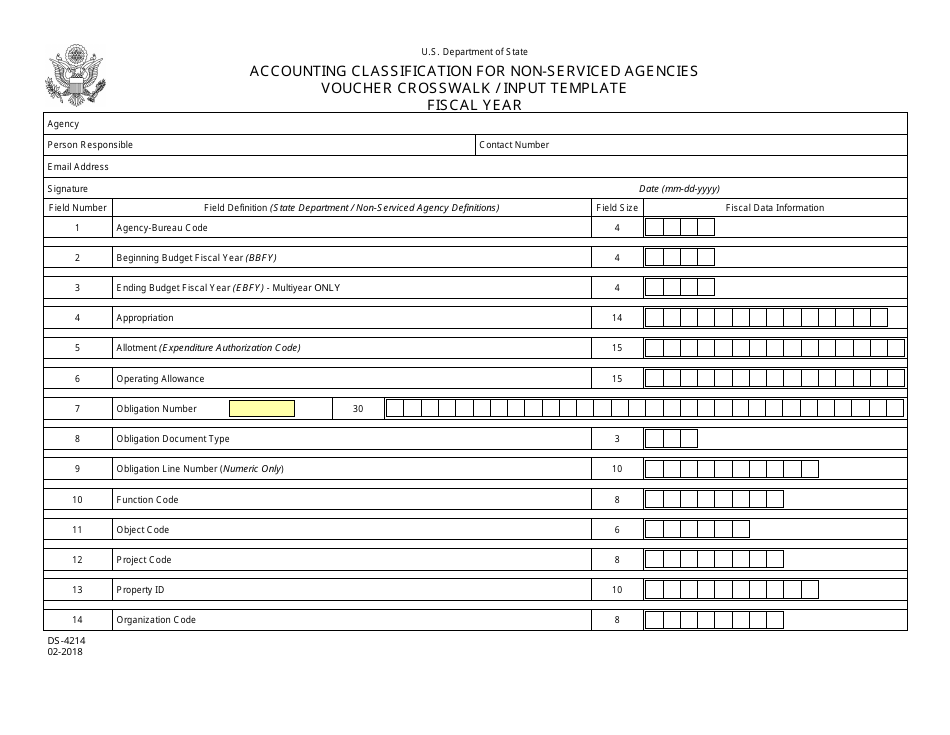 Form DS-4214 Accounting Classification for Non-serviced Agencies Voucher Crosswalk / Input Template, Page 1