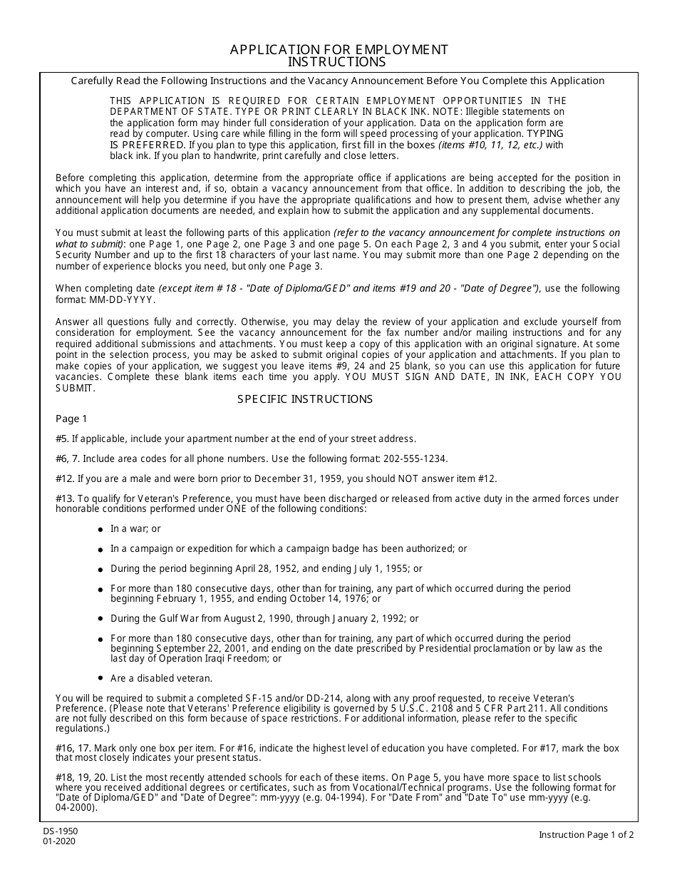 Form DS-1950 Application for Employment, Page 1