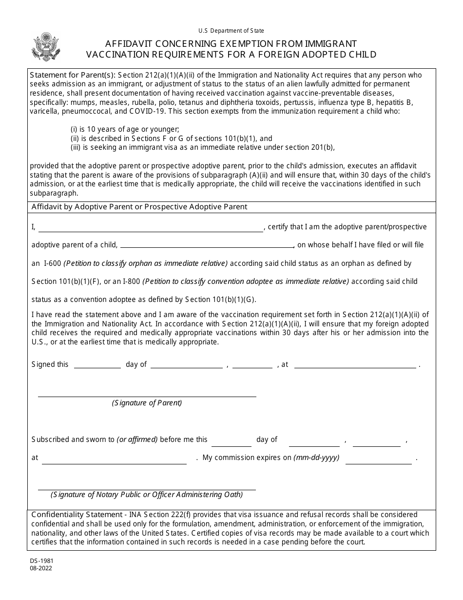 Form DS-1981 Affidavit Concerning Exemption From Immigrant Vaccination Requirements for a Foreign Adopted Child, Page 1