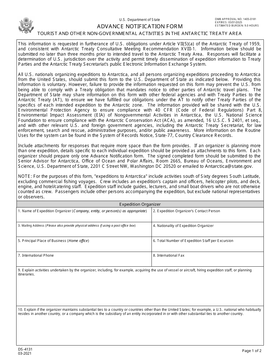 Form DS-4131 Advance Notification Form Tourist and Other Non-governmental Activities in the Antarctic Treaty Area, Page 1
