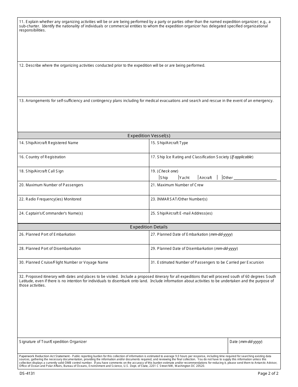 Form DS-4131 Advance Notification Form Tourist and Other Non-governmental Activities in the Antarctic Treaty Area, Page 2