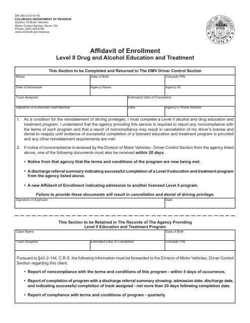 Form DR2643 Affidavit of Enrollment - Level II Drug and Alcohol Education and Treatment - Colorado