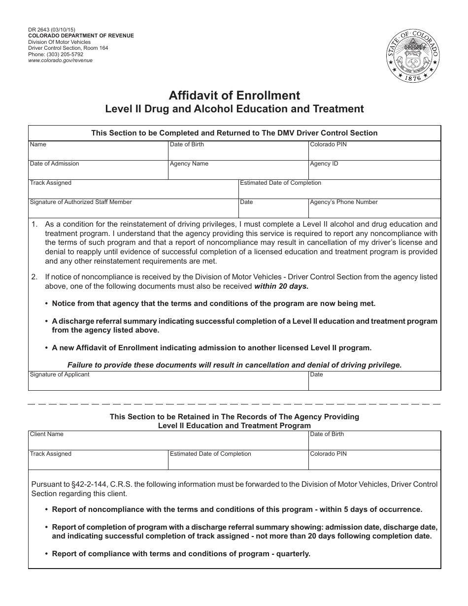 Form DR2643 Affidavit of Enrollment - Level II Drug and Alcohol Education and Treatment - Colorado, Page 1