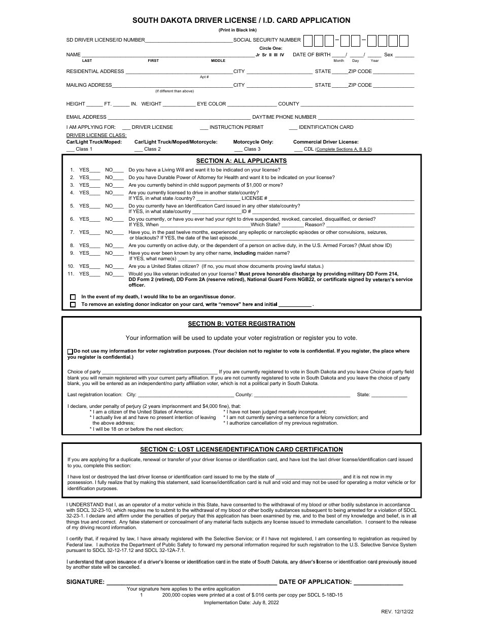 South Dakota South Dakota Driver License/I.d. Card Application Download ...