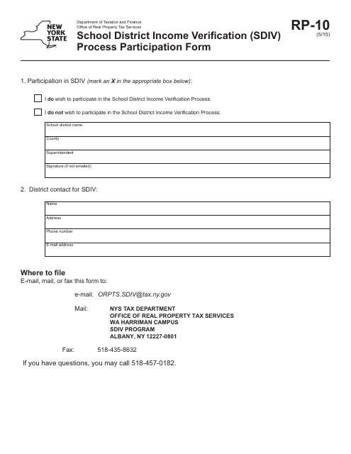 Form RP-10 School District Income Verification (Sdiv) Process Participation Form - New York