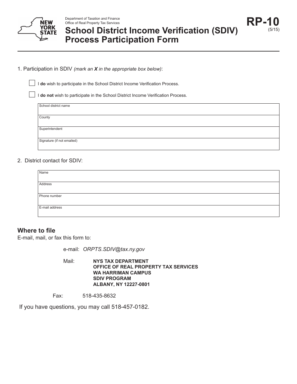 Form RP-10 School District Income Verification (Sdiv) Process Participation Form - New York, Page 1