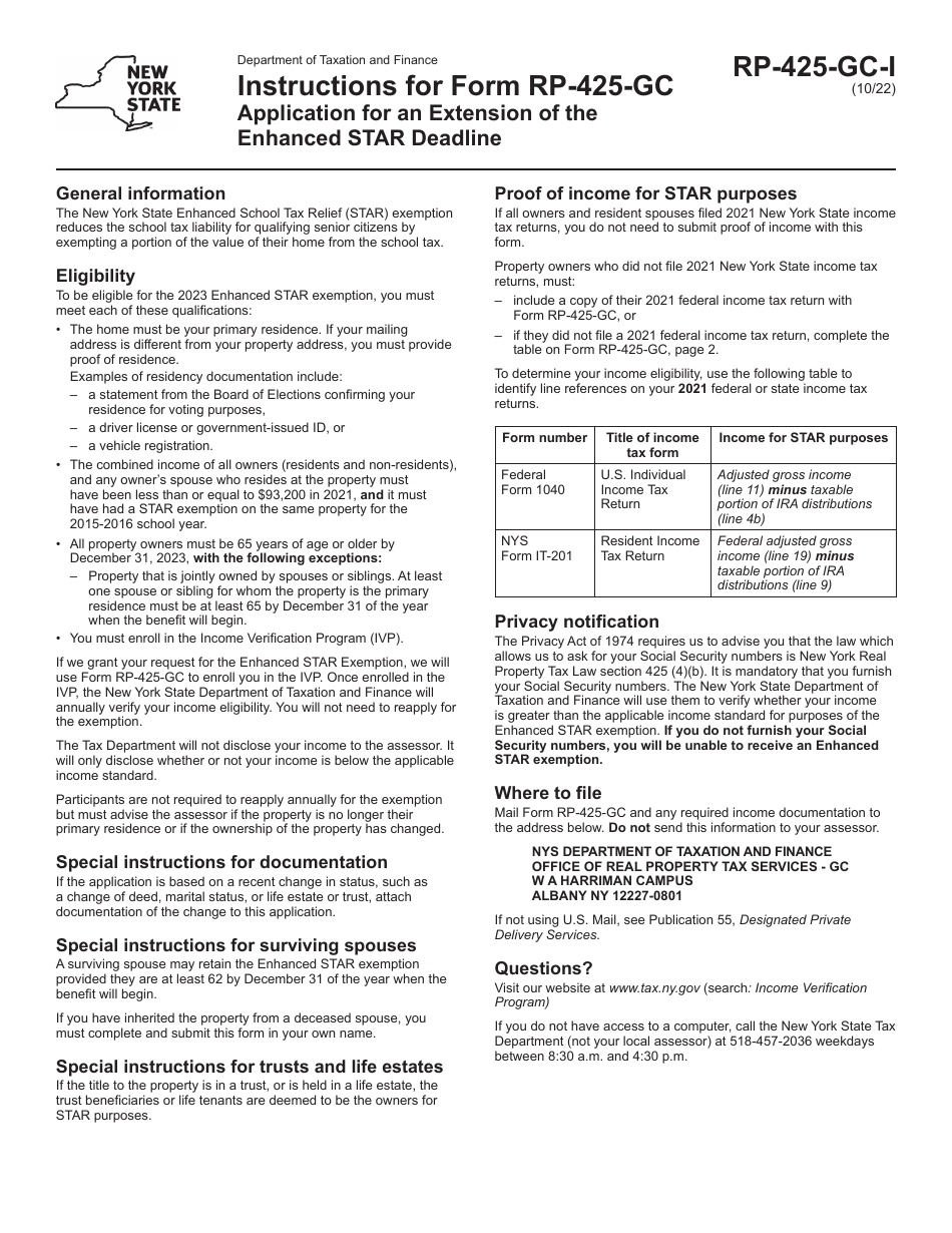 Instructions for Form RP-425-GC Application for an Extension of the Enhanced Star Deadline - New York, Page 1