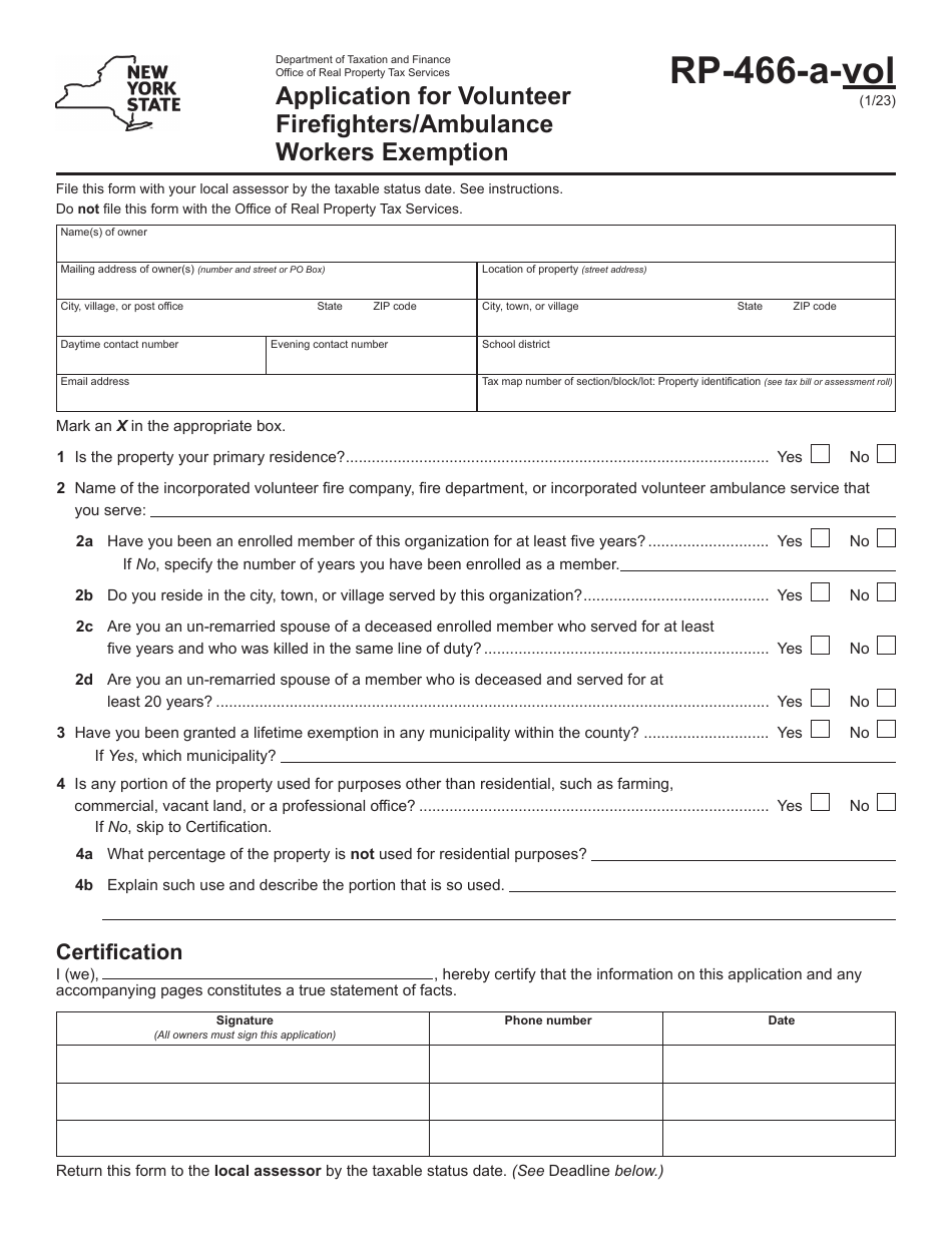 Form RP-466-A-VOL Application for Volunteer Firefighters / Ambulance Workers Exemption - New York, Page 1