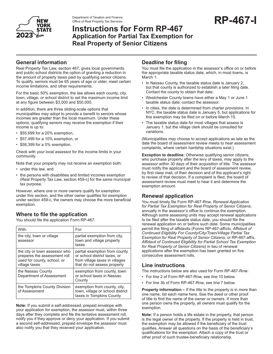 Instructions for Form RP-467 Application for Partial Tax Exemption for Real Property of Senior Citizens - New York, Page 1