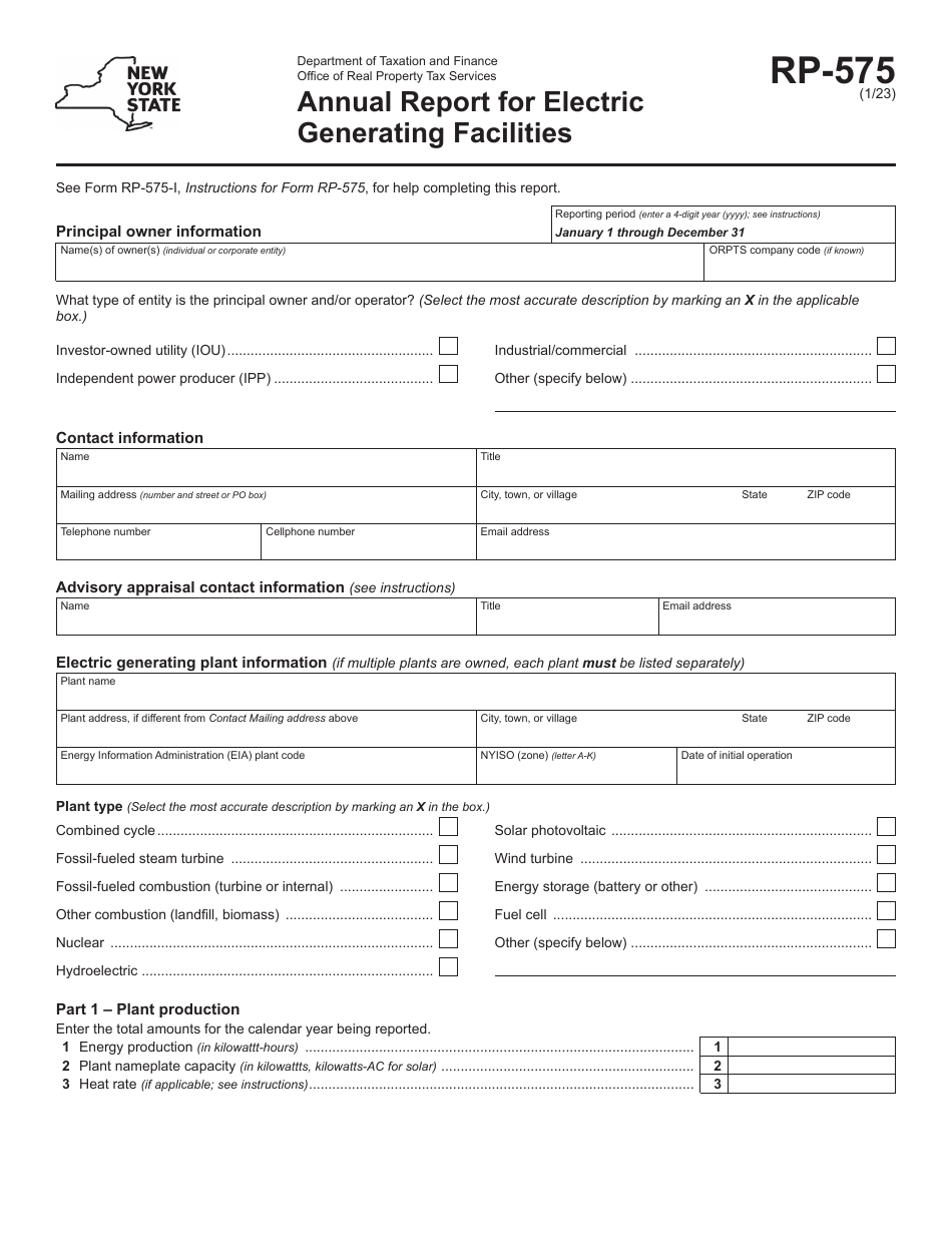 Form RP-575 Annual Report for Electric Generating Facilities - New York, Page 1