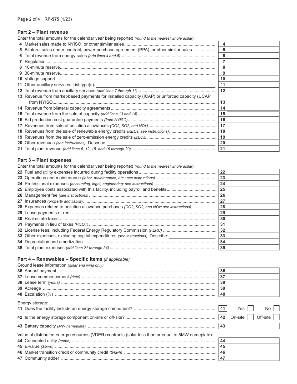 Form RP-575 Annual Report for Electric Generating Facilities - New York, Page 2