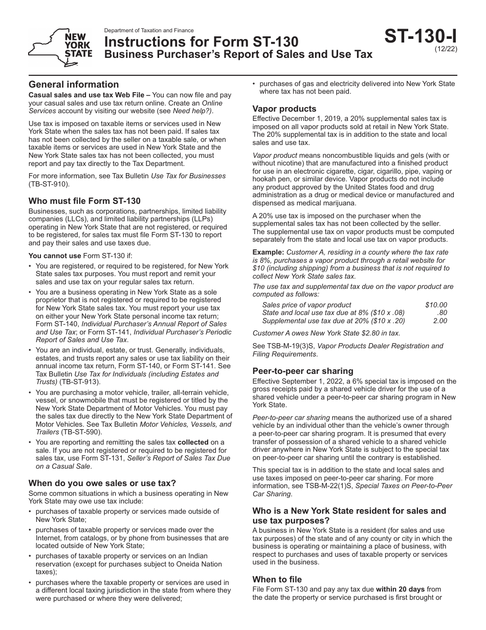 Instructions for Form ST-130 Business Purchasers Report of Sales and Use Tax - New York, Page 1