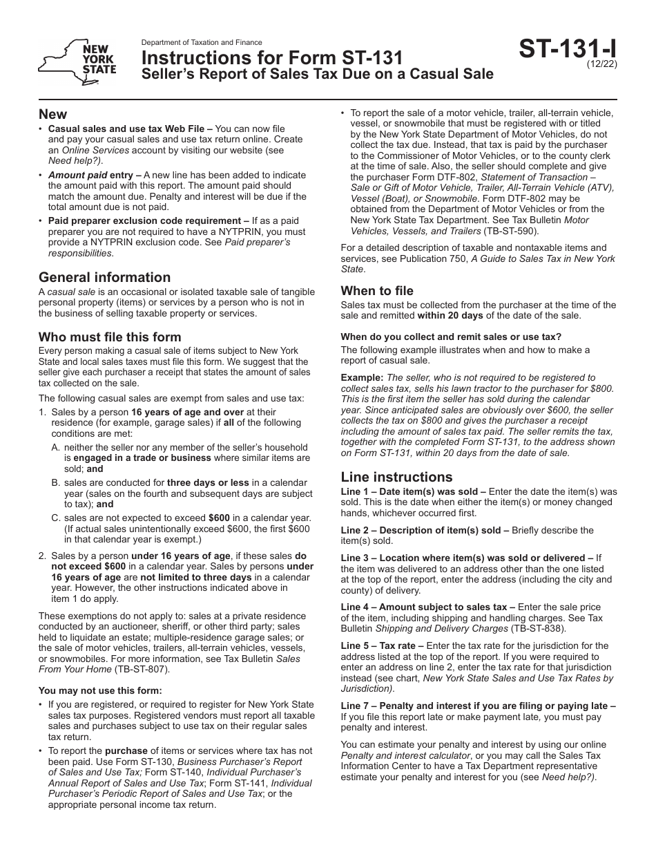 Instructions for Form ST-131 Sellers Report of Sales Tax Due on a Casual Sale - New York, Page 1