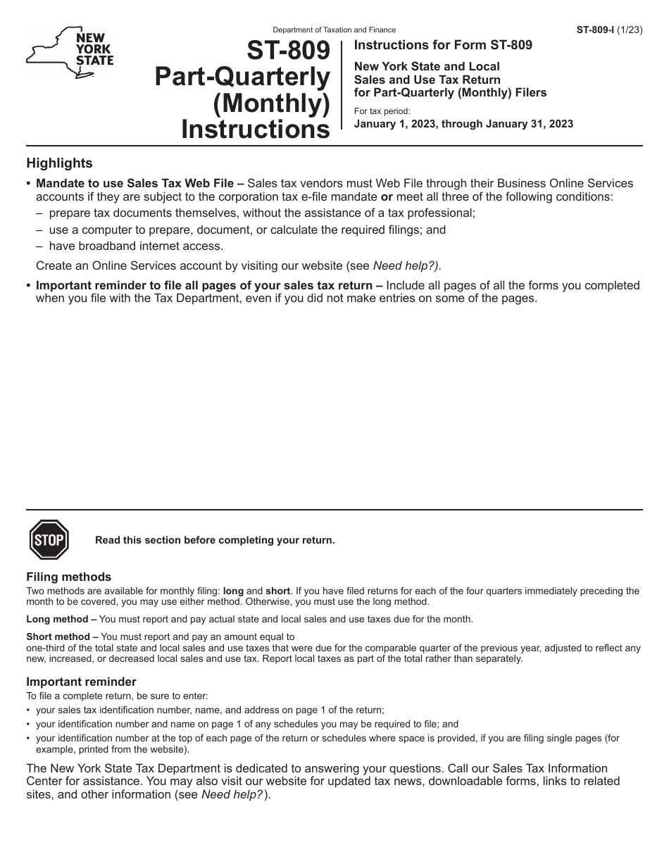 Download Instructions for Form ST809 New York State and Local Sales