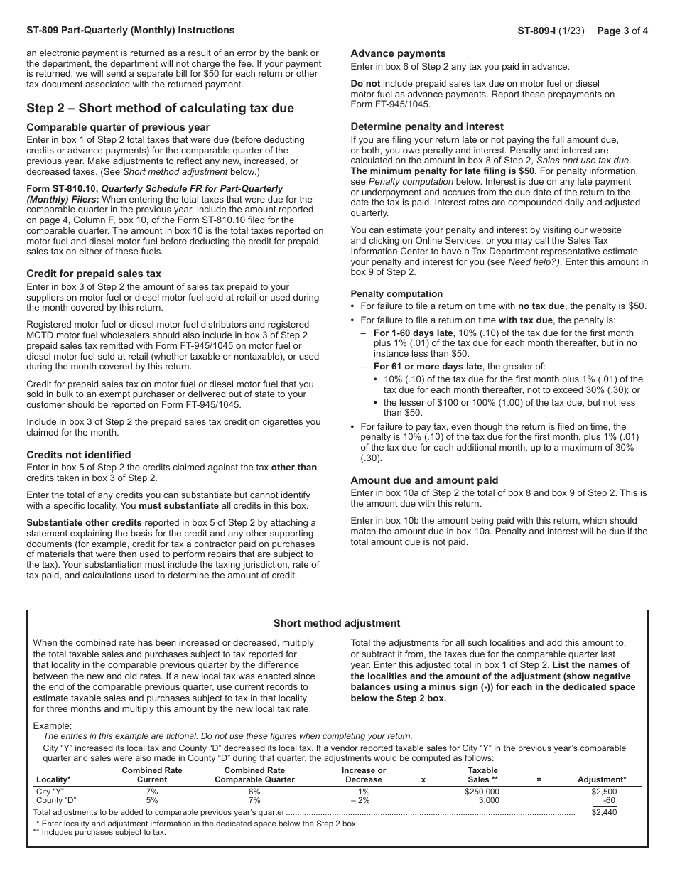 Instructions for Form ST-809 New York State and Local Sales and Use Tax Return for Part-Quarterly (Monthly) Filers - New York, Page 3