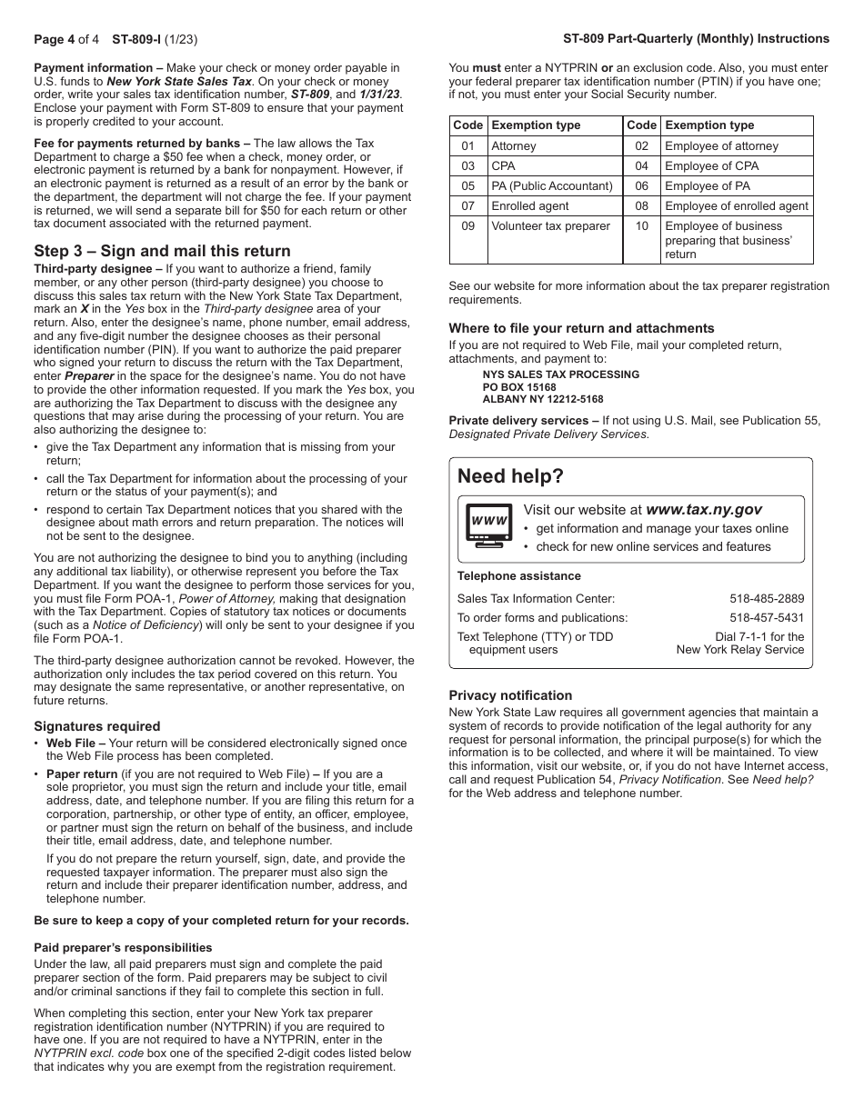 Instructions for Form ST-809 New York State and Local Sales and Use Tax Return for Part-Quarterly (Monthly) Filers - New York, Page 4